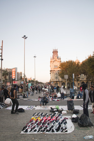 BARCELONA, SPAIN  CIRCA OCTOBER 2015: A market at the end of the Ramblas in Barcelona in Spainのeditorial素材