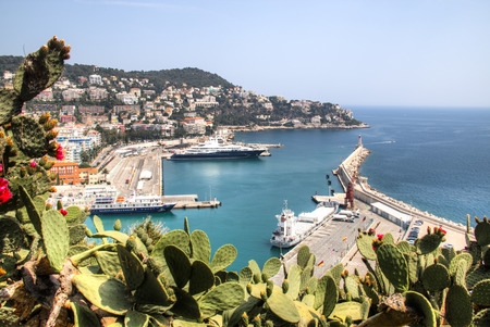 The harbor of Nice in France with some boats, seen from above from behind the cactus treesのeditorial素材