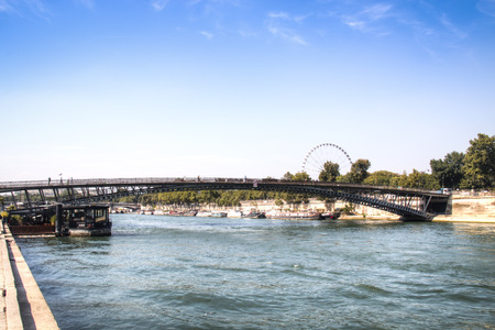 View over the Seine river with boats and buildings at the side in Paris, Franceの写真素材