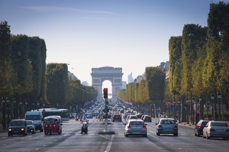 PARIS, FRANCE - SEPTEMBER 2016: View over the Champs Elysees, the most famour road in Paris, France with the Arc de Triomphe in the backgroundのeditorial素材