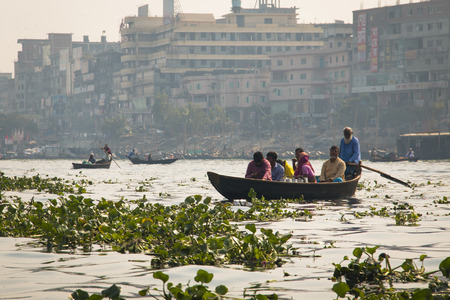 DHAKA, BANGLADESH - FEBRUARY 2017: View over the river with many boats in Sadarghat, the old center of Dhaka in Bangladeshのeditorial素材