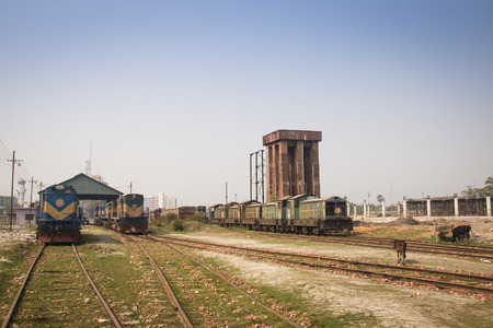Railroad tracks with trains in the station Khulna in Bangladeshのeditorial素材