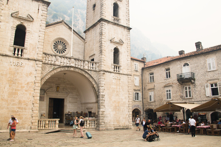 KOTOR, MONTENEGRO - JULY 2017: The historic cathedral in the old town center of Kotor in Montenegroのeditorial素材