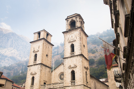 The historic cathedral in the old town center of Kotor in Montenegroの写真素材