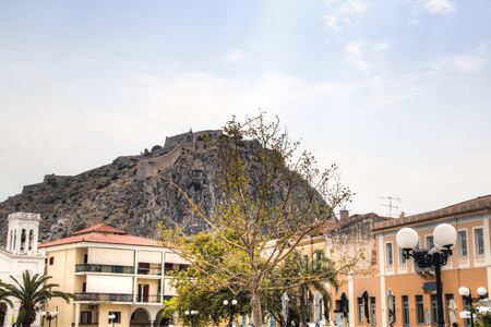 View on the magnificent Palamidi castle on a hill in the center of the ancient city Nafplio in Greeceのeditorial素材