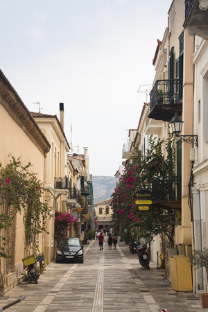 NAFPLIO, GREECE - SEPTEMBER 2017: A typical street with historical buildings in the ancient town Nafplio in Greeceのeditorial素材