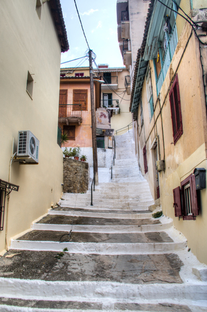 A typical street with historical buildings in the ancient town Nafplio in Greeceのeditorial素材
