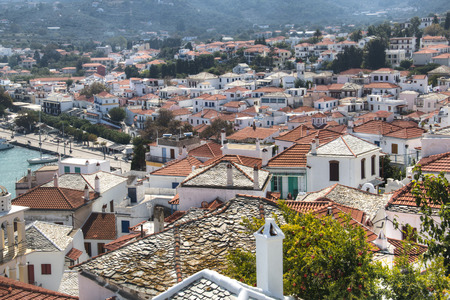 Typical historical houses in Skopelos town on Skopelos island in Greeceの写真素材