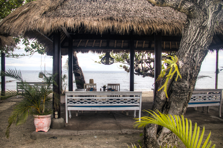 Restaurant directly on the beach in a resort in Pemuteran in Bali, Indonesiaのeditorial素材