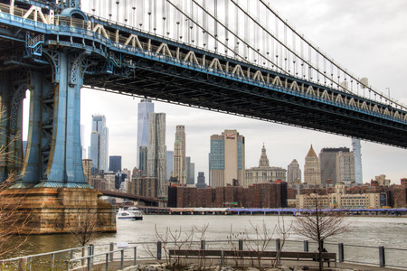 NEW YORK CITY, USA â APRIL 2018: View of the Manhattan skyline in New York City, USA with the Williamsburg bridge in the frontのeditorial素材