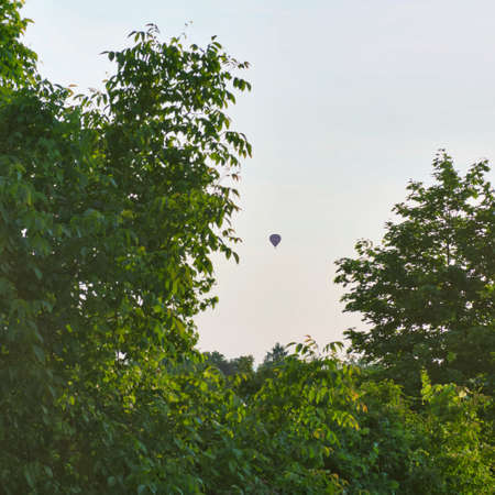 beautiful landscape view of the fields in the countryside with a hot air balloon flying in the distanceの写真素材