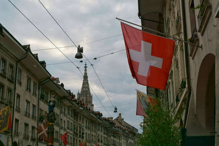 the beautiful architecture and design of the buildings and streets of the old town in bern, switzerlandの写真素材