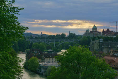 the beautiful architecture and design of the buildings and streets of the old town in bern, switzerlandの写真素材