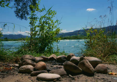 beautiful landscape view of the green nature and the aare river in switzerlandの写真素材