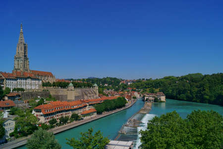 beautiful view of the Aare river in the old town city center in Bern, Switzerlandの写真素材