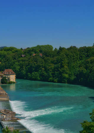 beautiful view of the Aare river in the old town city center in Bern, Switzerlandの写真素材