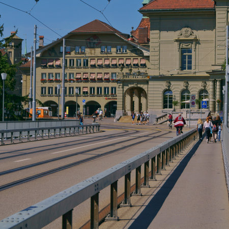 the beautiful view of the city center from the KornhausbrÃ¼cke bridge in bern, switzerlandのeditorial素材