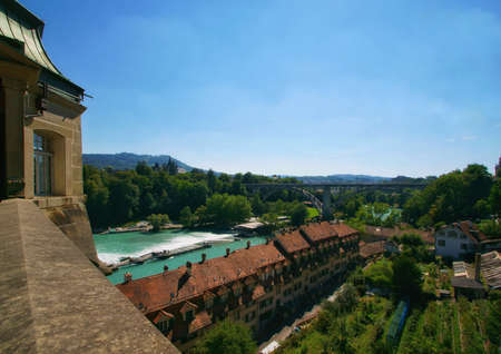 the beautiful view from the terrace at the Berner mÃ¼nster cathedral in the city center of Bern,...