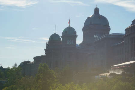 the beautiful architecture of the parliament building Bundeshaus in the city center of Bern, Switzerlandの写真素材