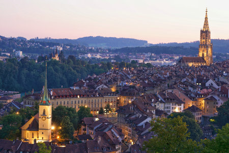 beautiful sunset. Landscape view from the Rosengarten of the city center in the old town of Bern,...