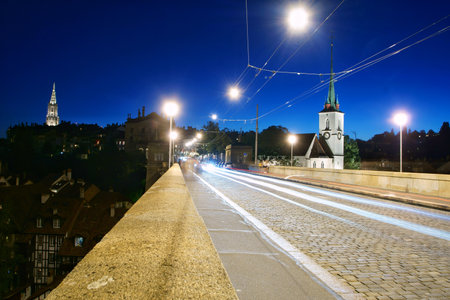 The Beautiful streets of the old town of Bern at nightの写真素材