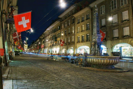 The Beautiful streets of the old town of Bern at nightの写真素材
