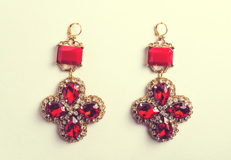 Handmade red earrings with jewels. Vintage style.の写真素材