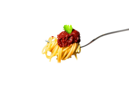 Delicious spaghetti on fork .close-up on white background.の写真素材
