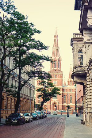 Kostel in the end of the street . Poland.のeditorial素材