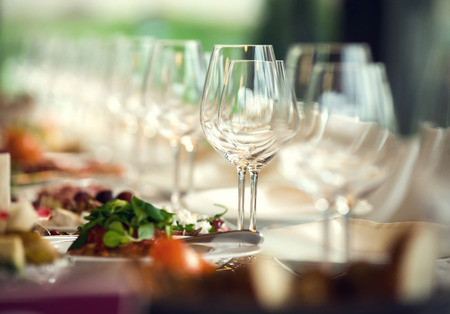 Close up picture of empty glasses in restaurant. Selective focus.