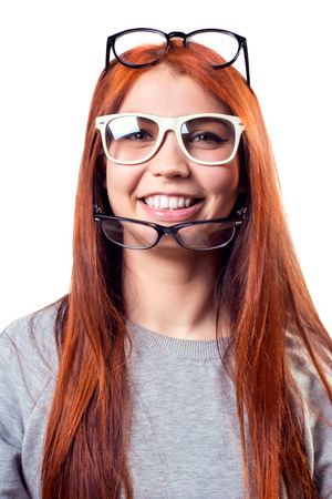 Closeup colorful fashion hipster portrait of young happy smiling girl .の写真素材