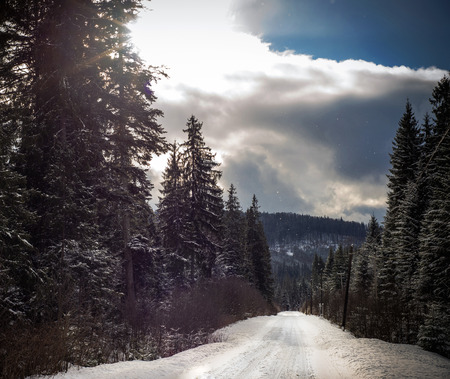 High mountain road with snow on a sunsetの写真素材