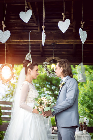 Bride and groom. Wedding session in the park.の写真素材