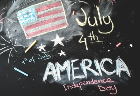 black chalkboard in classroom with flag of us...4 th of July.の写真素材