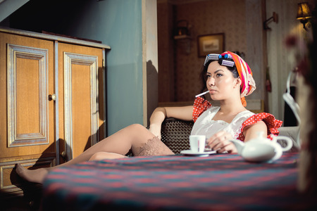 Elegant pretty woman in vintage evening dress. Retro Woman Portrait. Romantic Beauty.Vintage Styled.の写真素材