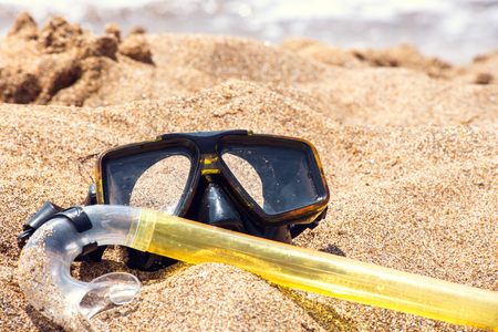 Vacation Start Here Concept, Scuba Diving Equipment On The White Sea Sand Beach.の写真素材