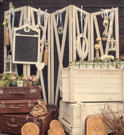 Wedding decoration with wooden chalkboard.の写真素材