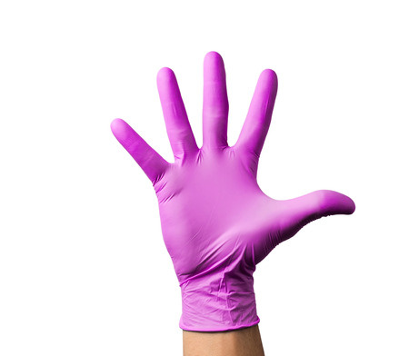 man hands holding Wear rubber gloves on a white background.の写真素材