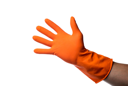 One hand in rubber glove isolated on white background.の写真素材