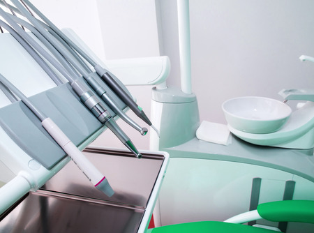 Different dental instruments and tools in a dentists office.の写真素材