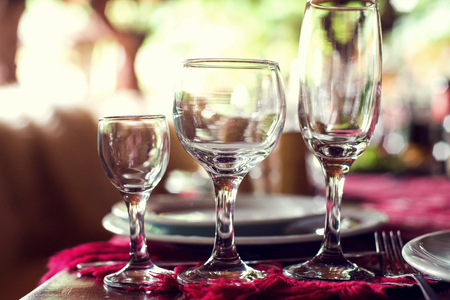 Close up picture of empty glasses in restaurant.の写真素材