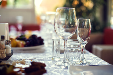 Close up picture of empty glasses in restaurant.の写真素材
