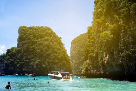 Travel vacation background - Tropical island with resorts - Phi-Phi island, Krabi Province, Thailandの写真素材
