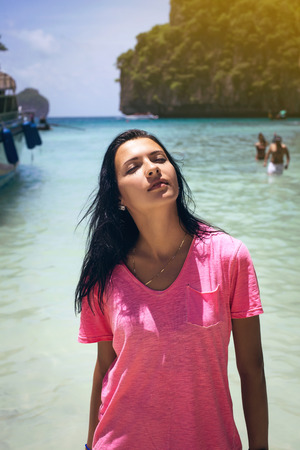 Young woman on the beach. Maya Bay, Kho Phi phi, Thailand.の写真素材
