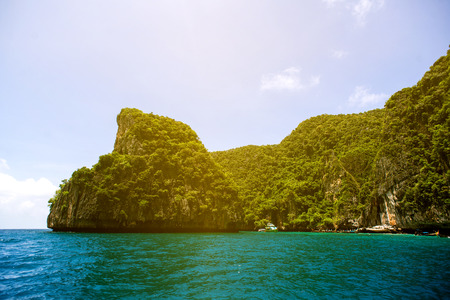 Travel vacation background - Tropical island with resorts - Phi-Phi island, Krabi Province, Thailandの写真素材