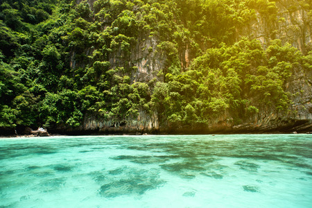 Travel vacation background - Tropical island with resorts - Phi-Phi island, Krabi Province, Thailandの写真素材