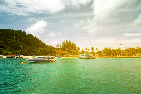 Travel vacation background - Tropical island with resorts - Phi-Phi island, Krabi Province, Thailandの写真素材