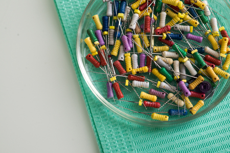Endodontic Equipment in Petri dish glass closeupの写真素材