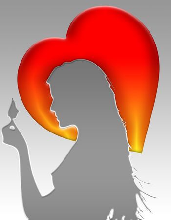 illustration or postcard with heart and silhouette of womanの写真素材