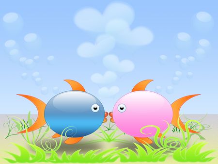 two fish lovers kissing on the seabedの写真素材